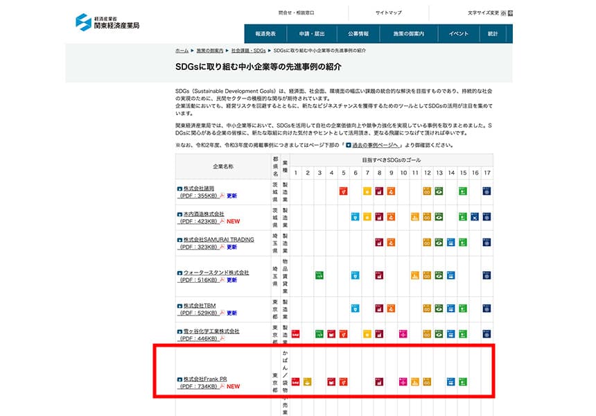 経済産業省関東経済産業局によるSDGsの先進事例に、弊社、株式会社FrankPRの取り組みが紹介されました!